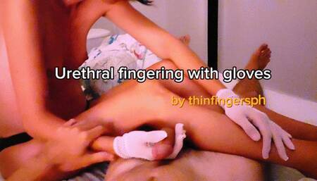 Urethral handjob with fishnet gloves