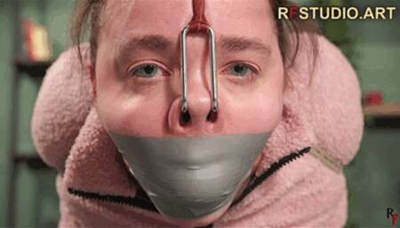 Arina - Incredibly tight hogtie in a semi-suspension, tape gag, nose hook, and nipple clamps (FULL HD MP4)