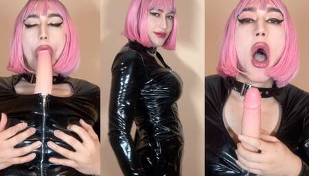 PVC Sissy Dildo Blowjob with Fake Boobs Fun