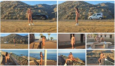 Public, Nude Costa Rican brunette walking with sports shoes on the road