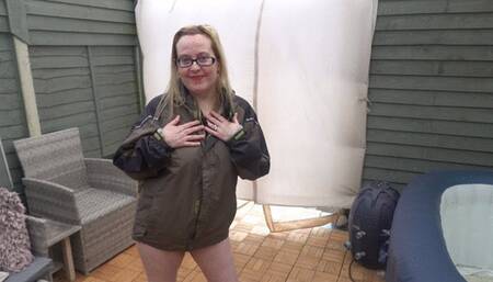 Naked outdoors in wellingtons and coat in the freezing cold Flashing tits and Ass