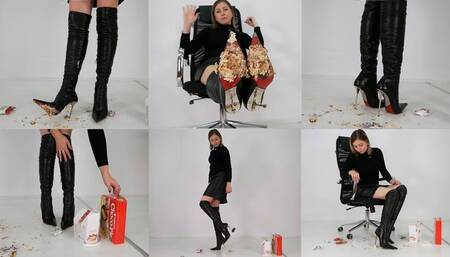 The long-legged hottie in high heels crushes food, she went on a diet