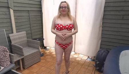 Wife outdoors in the cold in a Bikini and high heels Bouncing breasts and stripping naked in the chilly yard