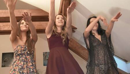 Summer Dress Strip and Dance Party with Three Amateur College Girls Invited for a Naked Try on Haul for a Fake Shooting