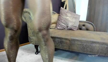 ShinyGoldPantyhoseAndBlackHeels on Sofa
