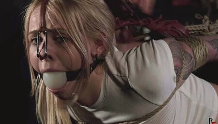 Olivia - Tight Hogtie in Colored Tights with Massive Ballgag and Nose Hook