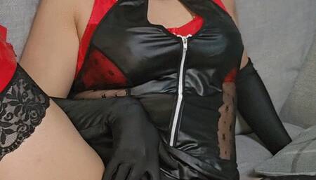 Shemale CUMS heavy while masturbating HARD and LOUD with black gloves