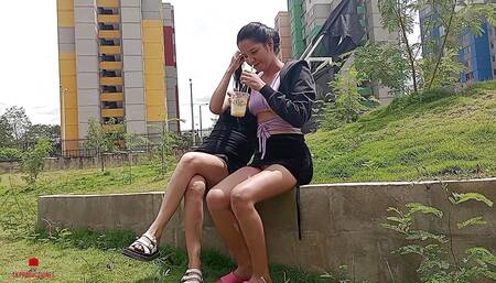 Couple of Stepsisters Meet in the Park Outdoors and Get Horny Until They Have Lesbian Sex with Each Other