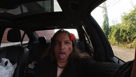 Dirty Sissy CD Finally Cums in the Car and Eats Her Own Cum Load a Car Solo Masturbation Video