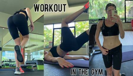 Workout in a hotel’s public gym in sport bra and tight shorts