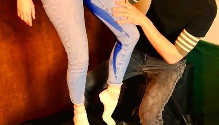 (POV) After she peed in her jeans in front of him, he drenched her full in pee (artwork without audio)