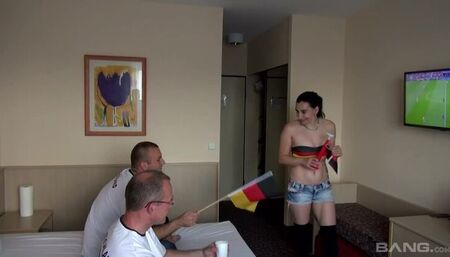 curvy MILF with dark hair gets tag teamed by two older men in a threesome