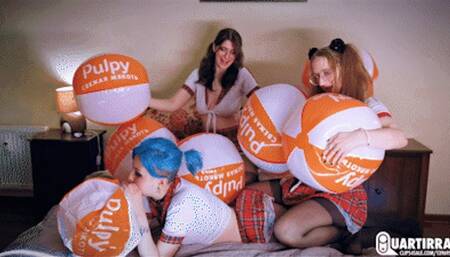Q928 Three girls blow up 9 beach balls - 480p
