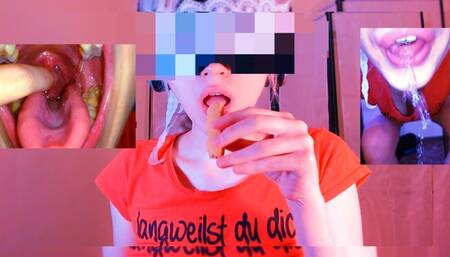 I VOMITED AFTER SWALLOWING A SAUSAGE WHOLE " girl touches her uvula, swallows a sausage without chewing and pukes it out