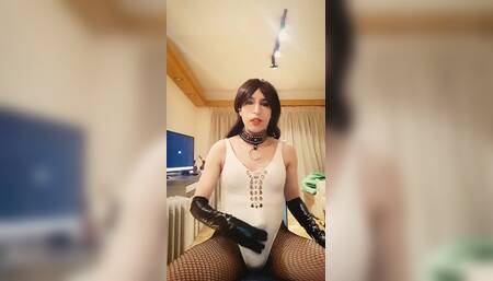 Sissy crossdresser excited in white swimsuit
