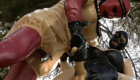 Rubber sissy anal slut outdoor - Part 2 - The chastity cage and the inflated anal dildo