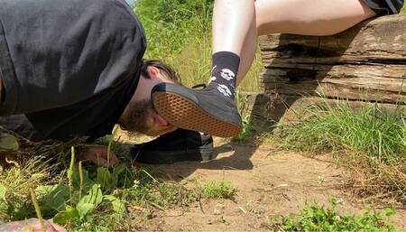 Slave's licking dirt and sand from My shoes in the park