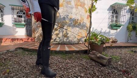 Kalinda is wearing her new hunting boots and smoking