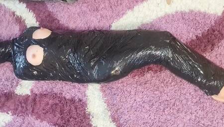 plastic wrapped, bondage, tape gag ,struggling