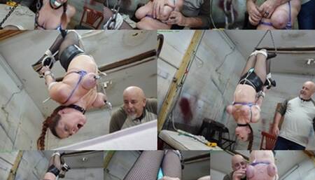 Hogtied upside down on the trapeze bar, her big tits bound clamped for bound orgasms (MP4 SD 3500kbps)