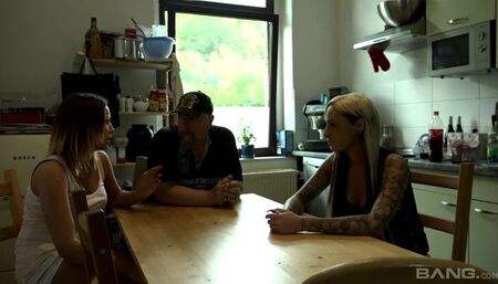 Mila Elaine uses her big breasts and deepthroat to seduce biker in kitchen