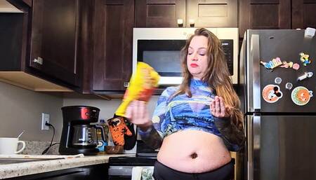 Unedited Camera 2: Liz River Belly Button Stuffing Challenge with Self Tickle, Food Stuffing, Messy, Stomach, Crop Top, Thong, Long Hair,