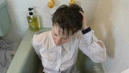 Dressed and messy washing my hair in the bathtub and undressing