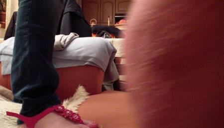 Sandal, nylon sock and barefoot crushing face