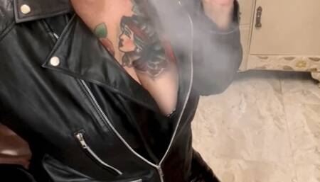 All Star Converse, Red Marlboro, Vinyl Pants, Genuine Leather Jacket, Perfect Match - A Few Puffs in Your Face, Deep Inhales, Duplo Pumps, Duplo Puffs, Smoke Rings, Nose Exhales, Crush, Makeup, Red Lipstick and Long Red Nails