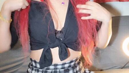 Chainsmoking girl in socks, pigtails and school clothes - lips gloss