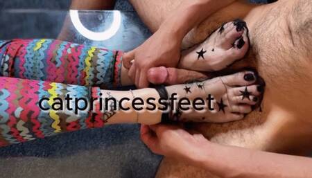 You cant cum! Nylon sock footjob toejob stroking dick, then he massaged my legs