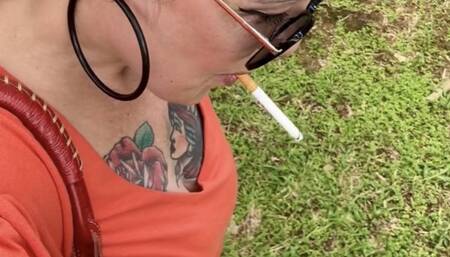 Fulfilling requests - Smoking my red Marlboro and walking in the park, in the 40 degree heat, my lungs felt quite, almost out of breath - Deep Inhales, Crush, Long red nails, sneakers, sunglasses