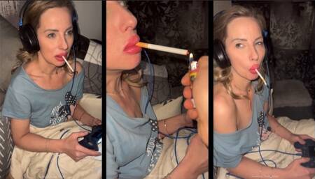 Chain smoking gaming girl get fed by her boyfriend