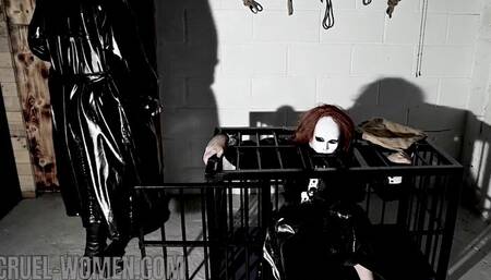 Her sissy maid handcuffed, chained, caged and left *MOV*