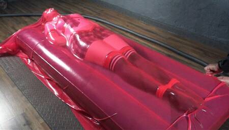 Schoolgirl flips in pink vacuum bed with mattress and bondage with red rope