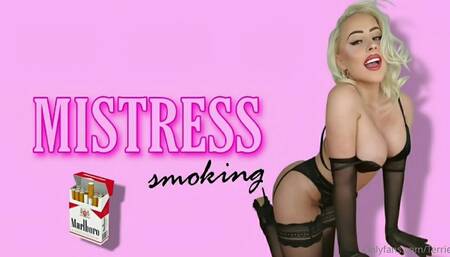 Smoking in Sexy Black Satin Lingerie