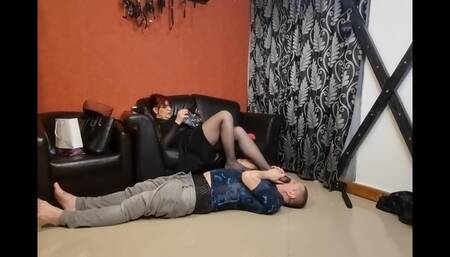 Footjob and foot sniffing in pantyhose with Faith