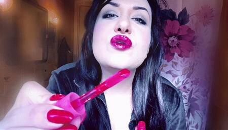 Putting lipstick on sissy role-play