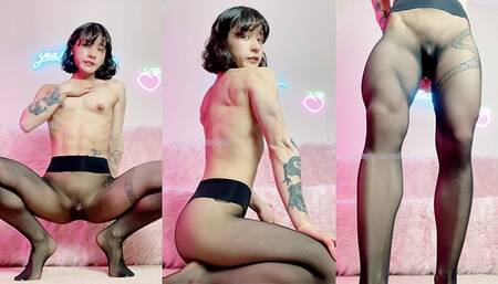 Petite Asian muscle girl shows off her body in sheer pantyhose with no panties