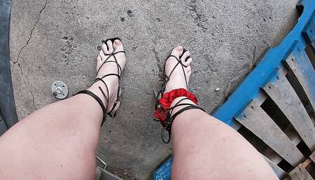 Mature Sissy CD in Outdoor Fun Wearing Mini Skirt Heels Lingerie Happy Canada Day