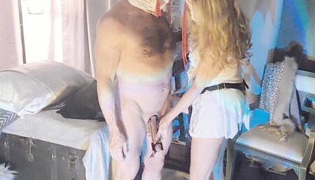 Caged and stretched while being pegged by Moby the Dick