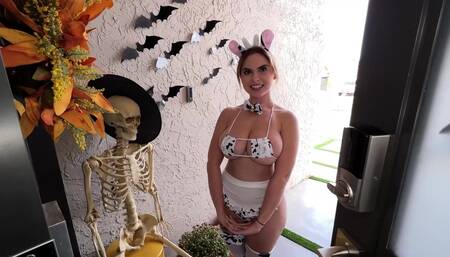 With a knock at the door, I find Brandy Renee in a cute cosplay outfit, she wants a treat and I give her one in the shape of my
