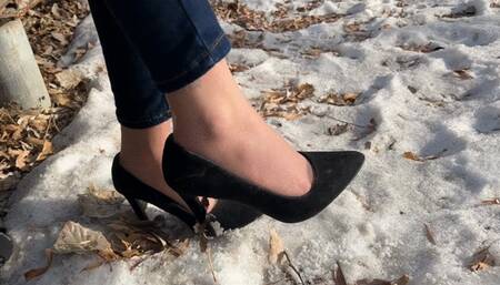 girl in high heels cannot climb a mountain, her heels slip too much