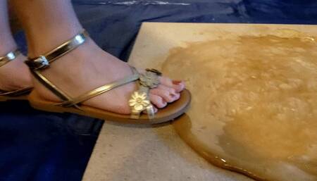 Karina Stuck in Glue while Wearing Golden Sandals