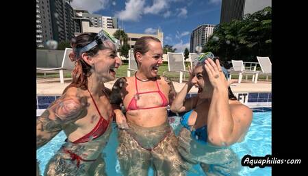 Aqauphilias- Kelli, Indica, Mya- Breath hold Orgasms in a public pool while wearing micro bikinis- encore