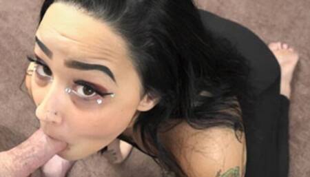 Busty babe Indigo sucks dick in her catsuit