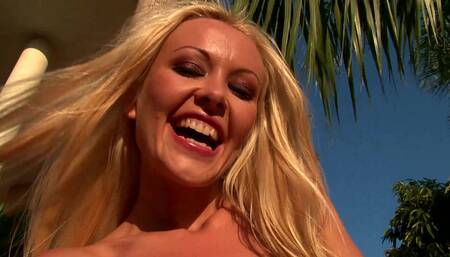 Blonde Babe Plays with Her Tight Pussy Under the Palm Trees