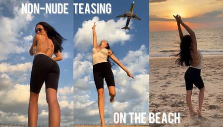 Non-nude teasing on public beach in tight shorts & top