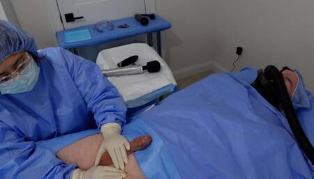 Doctor performs penis stimulation and milking handjob surgical medfet procedure