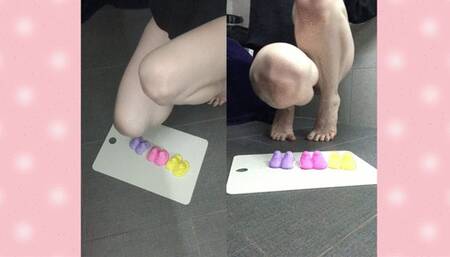 Crushing Peeps with Bare Feet Colorful Marshmallows